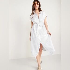 Old Navy‎ Short-Sleeve Waist-Defined Striped Midi Shirt Dress